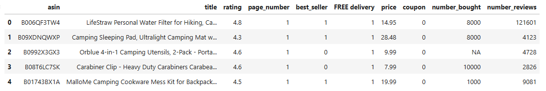 Camping Product Data Dataframe